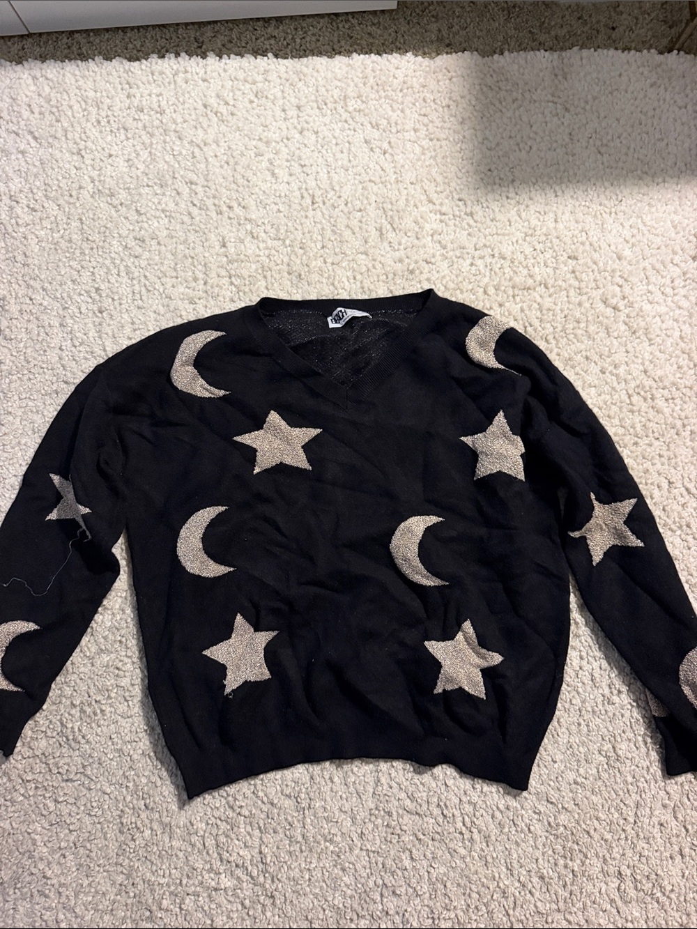 Beach Riot Black V-Neck Sweater with Metallic Silver Stars & Moons